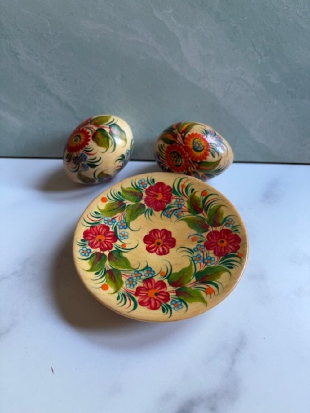 Vintage UKRAINE Hand-painted Colorful Floral Wooden Easter Egg and Tray Set